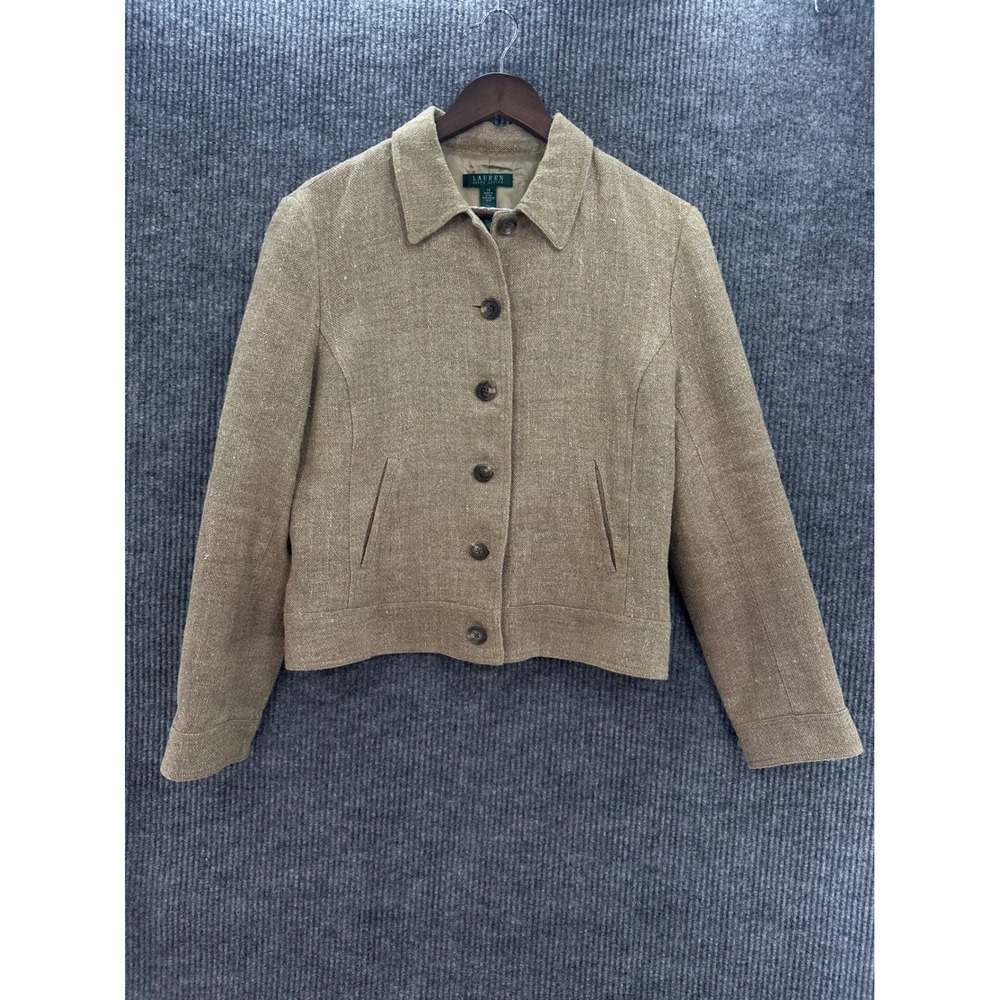 Lauren Ralph Lauren Jacket Womens 14 Tan Linen Silk Button Front Buckle
